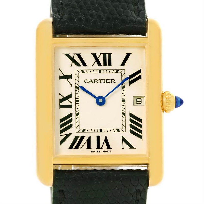 The Cartier Tank Louis watch is shown from the front, displaying its face, Roman numerals, blue hands, and partially visible black leather strap.