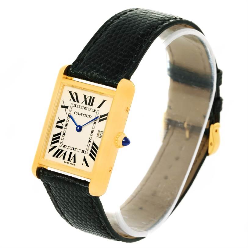 The watch is a Cartier Tank Louis W1529756 Men's Yellow Gold Silver Dial W1529756 Men's Yellow Gold Silver Dial model shown from a three-quarter angle, displaying the face, strap, and right side.
