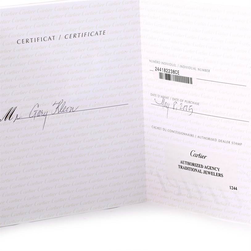 The image shows the certificate of authenticity and purchase details for a Cartier Tank Louis W1529756 Men's Yellow Gold Silver Dial W1529756 Men's Yellow Gold Silver Dial watch.