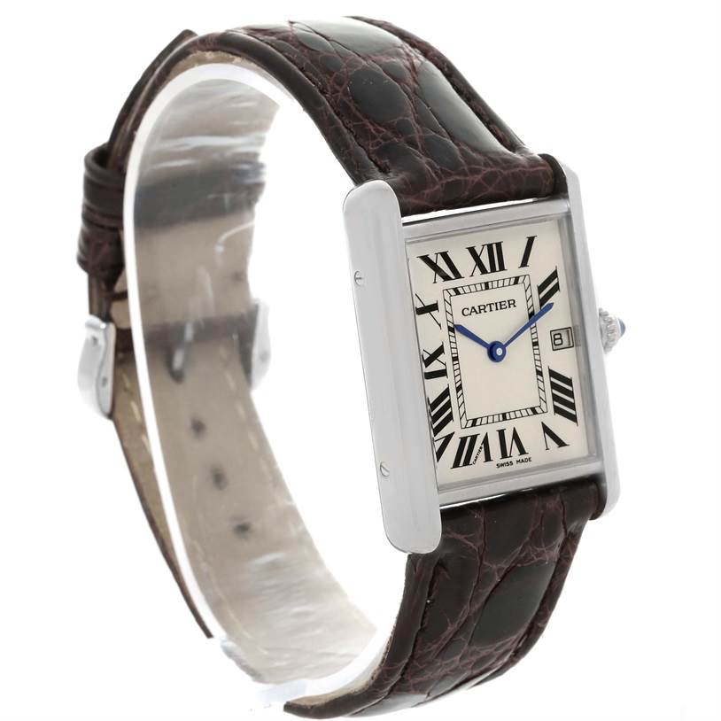 The Cartier Tank Louis W1540956 Men's White Gold Silver Dial W1540956 Men's White Gold Silver Dial watch is shown at a slight angle, displaying the face, strap, and part of the buckle.