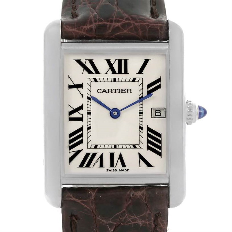 This image shows a front view of the Cartier Tank Louis watch, highlighting its dial, Roman numerals, blue hands, and leather strap.