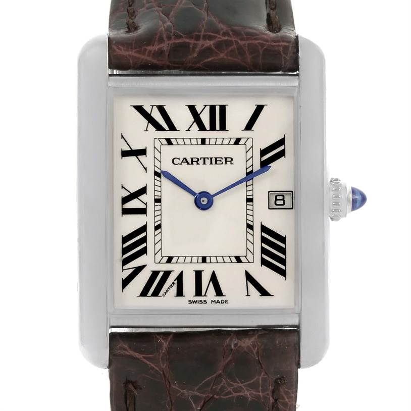 This image shows a front view of the Cartier Tank Louis W1540956 Men's White Gold Silver Dial W1540956 Men's White Gold Silver Dial watch, highlighting its dial, Roman numerals, blue hands, and leather strap.