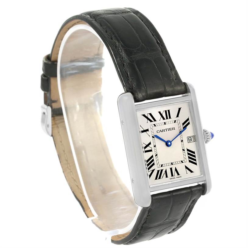 The image shows a Tank Louis model by Cartier at a three-quarter angle, displaying the face, straps, and side crown.