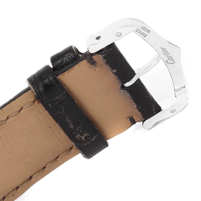 This image shows a close-up of the buckle and leather strap of a Cartier Tank Louis W1540956 Men's White Gold Silver Dial W1540956 Men's White Gold Silver Dial watch.