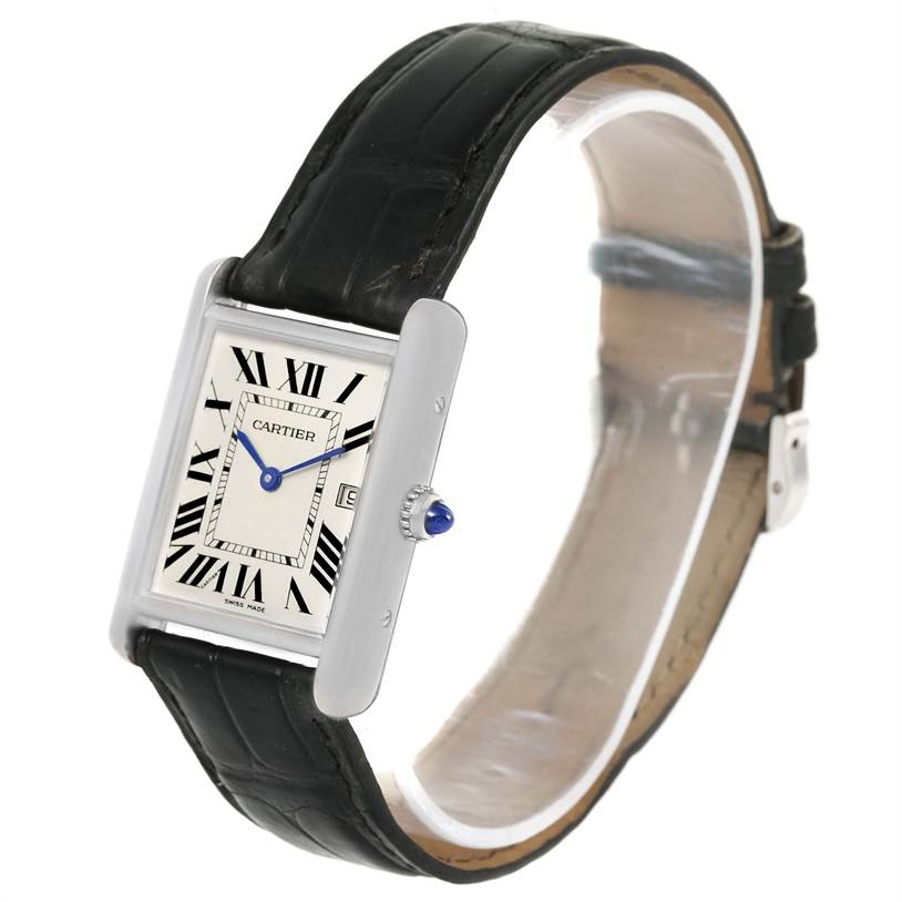 The Cartier Tank Louis W1540956 Men's White Gold Silver Dial W1540956 Men's White Gold Silver Dial watch is shown from a right-side angle, highlighting its face, crown, and leather strap.