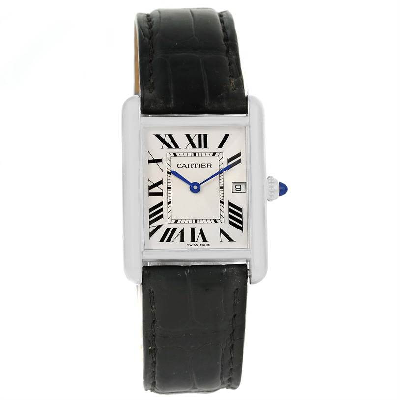 This Cartier Tank Louis W1540956 Men's White Gold Silver Dial W1540956 Men's White Gold Silver Dial watch is shown from a front angle, displaying the dial, case, and leather strap.