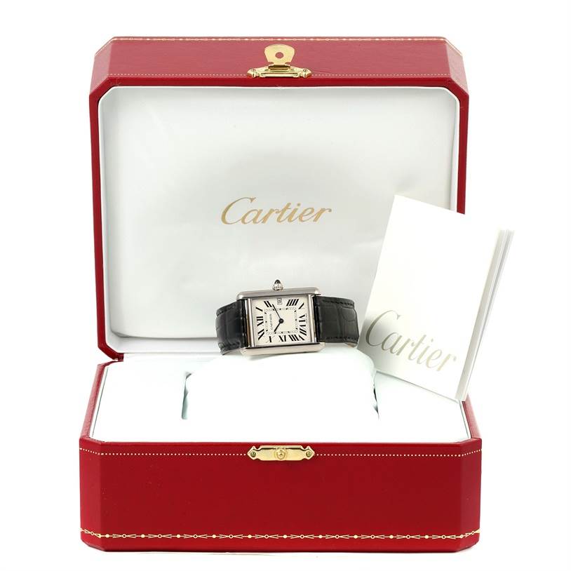 The Cartier Tank Louis W1540956 Men's White Gold Silver Dial W1540956 Men's White Gold Silver Dial watch is shown front and center, presented in its open Cartier box with accompanying paperwork.