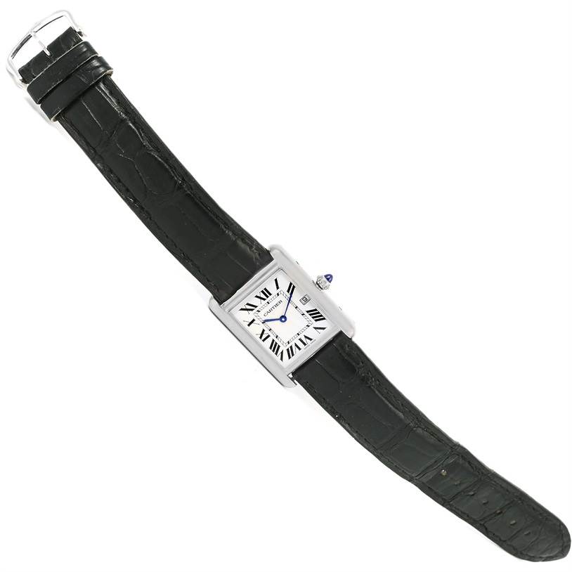 The image shows a Cartier Tank Louis W1540956 Men's White Gold Silver Dial W1540956 Men's White Gold Silver Dial watch laid flat, displaying its rectangular face, black leather strap, and buckle.