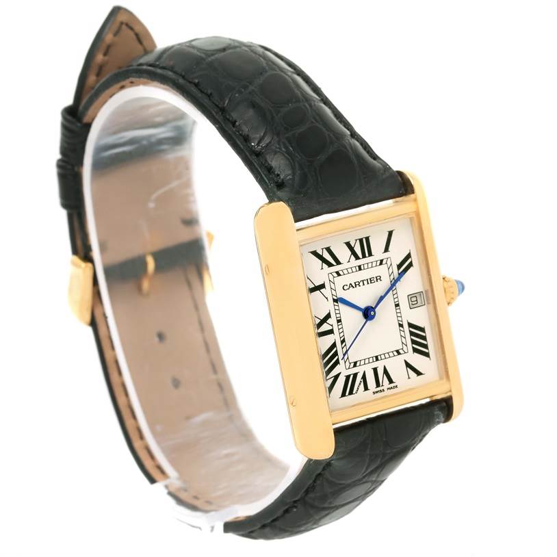 The Cartier Tank Louis W1529756 Men's Silver Dial W1529756 Men's Silver Dial watch is shown at an oblique angle, highlighting its face, strap, and side.