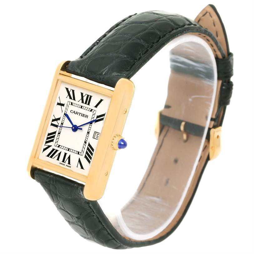 This image shows a Cartier Tank Louis W1529756 Men's Silver Dial W1529756 Men's Silver Dial watch angled to display the face, strap, and crown.