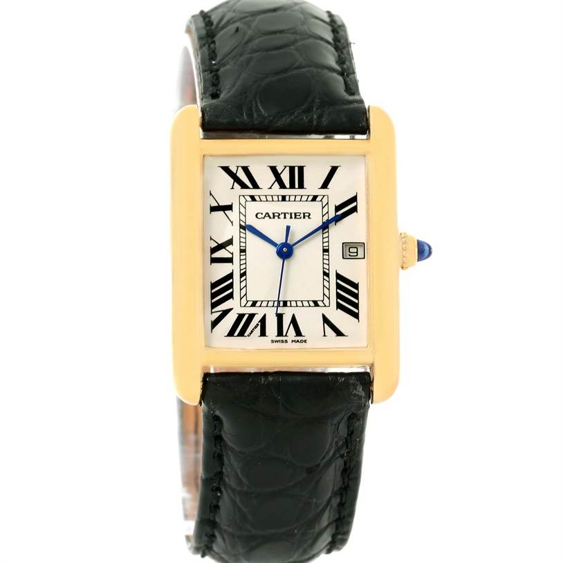 The image shows a full frontal view of the Cartier Tank Louis W1529756 Men's Silver Dial W1529756 Men's Silver Dial watch, including the strap, dial, and date indicator.