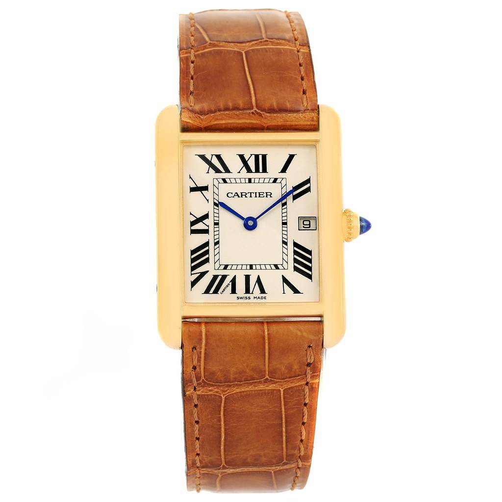 The image shows a Cartier Tank Louis W1529756 Yellow Gold Silver Dial W1529756 Yellow Gold Silver Dial watch from a front angle, featuring the dial, strap, and crown.