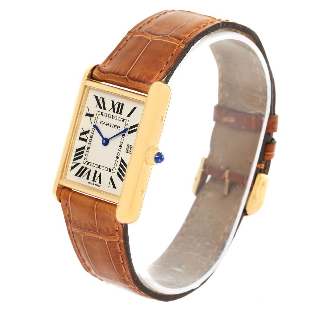 This image shows a Cartier Tank Louis W1529756 Yellow Gold Silver Dial W1529756 Yellow Gold Silver Dial watch from a front angle, highlighting its face, brown leather strap, and gold casing.