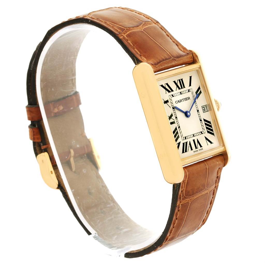 The image shows a Cartier Tank Louis W1529756 Yellow Gold Silver Dial W1529756 Yellow Gold Silver Dial watch at a slight angle, highlighting its rectangular face, brown leather strap, and gold casing.