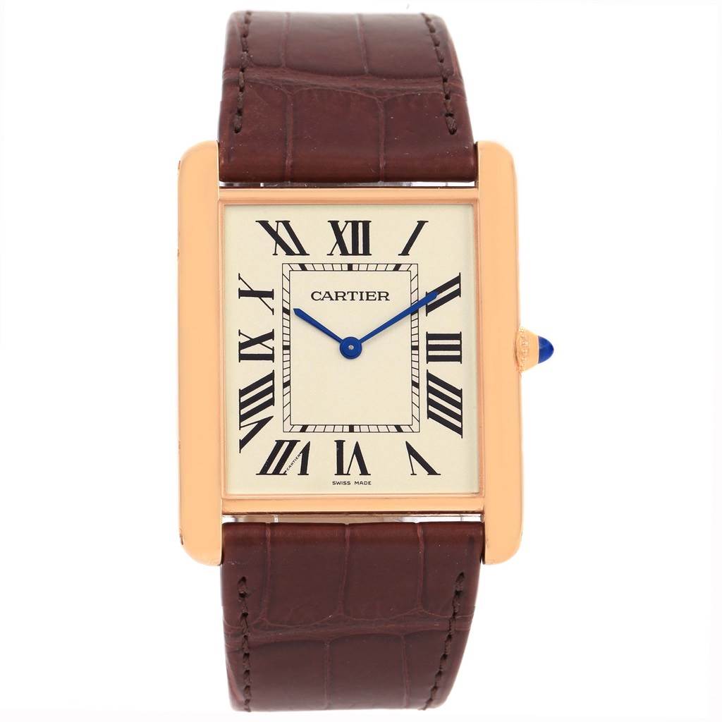 The image shows a front view of the Cartier Tank Louis W1560017 Rose Gold Silver Dial W1560017 Rose Gold Silver Dial watch, displaying its face and leather strap.