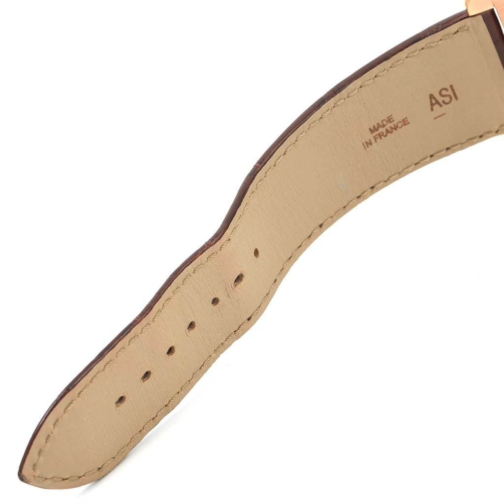 This image shows the underside of the strap of a Cartier Tank Louis W1560017 Rose Gold Silver Dial W1560017 Rose Gold Silver Dial watch, featuring the stitching and adjustment holes.