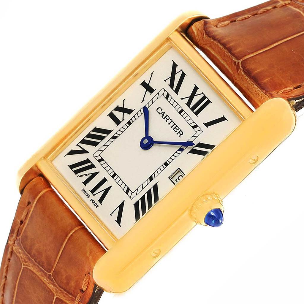 The image shows a close-up of a Cartier Tank Louis W1529756 Men
s Yellow Gold Silver Dial W1529756 Men
s Yellow Gold Silver Dial watch face and part of its brown leather strap at a slight angle.