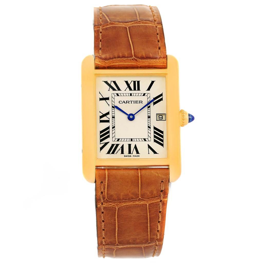 The Cartier Tank Louis W1529756 Men
s Yellow Gold Silver Dial W1529756 Men
s Yellow Gold Silver Dial watch is shown from a top view, displaying the face, hands, leather strap, and crown.