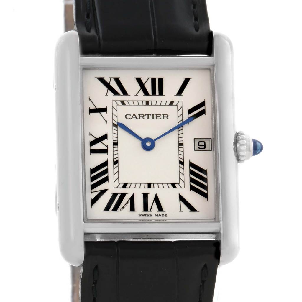 The image shows a frontal view of the Cartier Tank Louis W1540956 White Gold Silver Dial W1540956 White Gold Silver Dial watch, highlighting its face, Roman numeral markers, and leather strap.