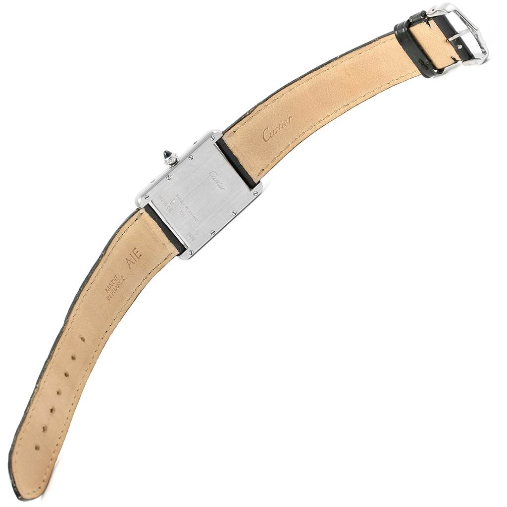 The image shows the back of the Cartier Tank Louis W1540956 White Gold Silver Dial W1540956 White Gold Silver Dial watch, including the leather strap and buckle.