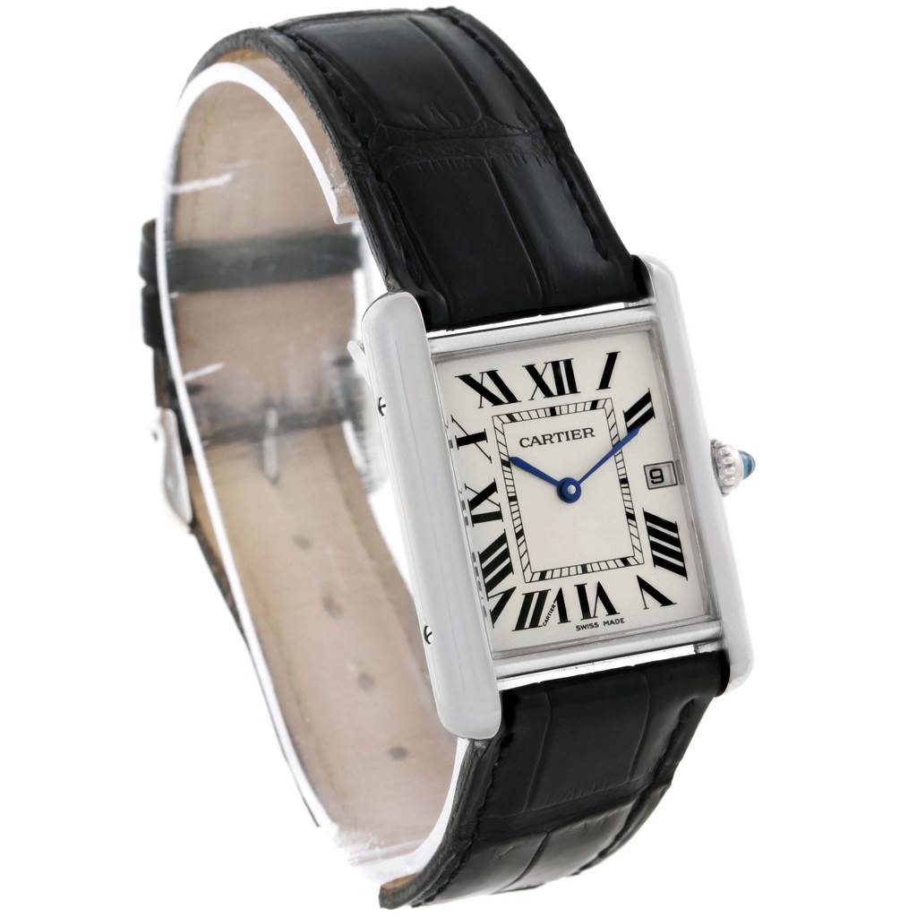 The Cartier Tank Louis W1540956 White Gold Silver Dial W1540956 White Gold Silver Dial watch is shown at an angle highlighting its rectangular face, Roman numerals, black leather strap, and blue hands.