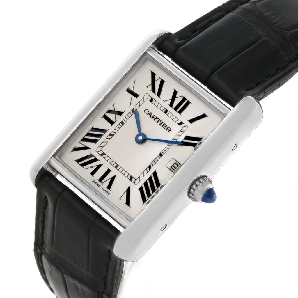 The image shows a Cartier Tank Louis W1540956 White Gold Silver Dial W1540956 White Gold Silver Dial model watch from a front angle, highlighting its rectangular face, Roman numerals, and leather strap.