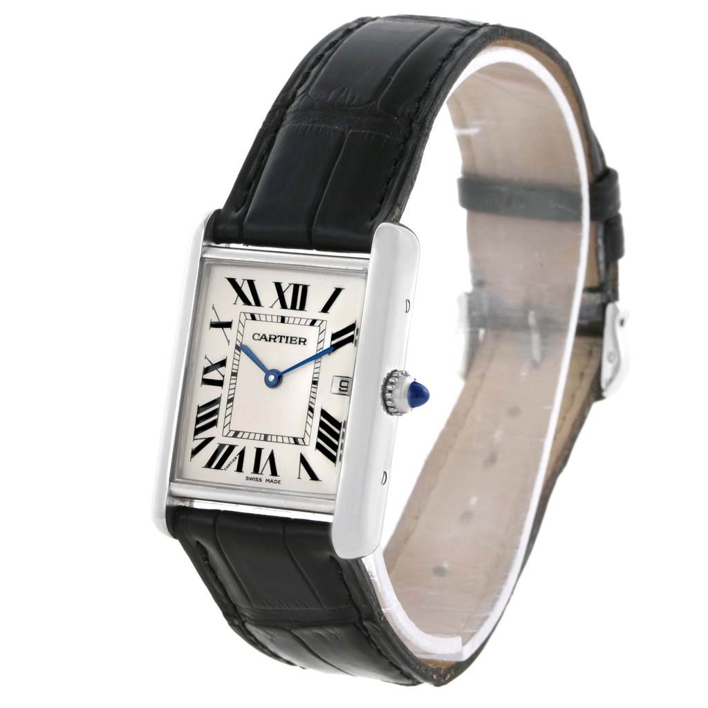 The image shows a Cartier Tank Louis W1540956 White Gold Silver Dial W1540956 White Gold Silver Dial watch angled to display the face, crown, and black leather strap.