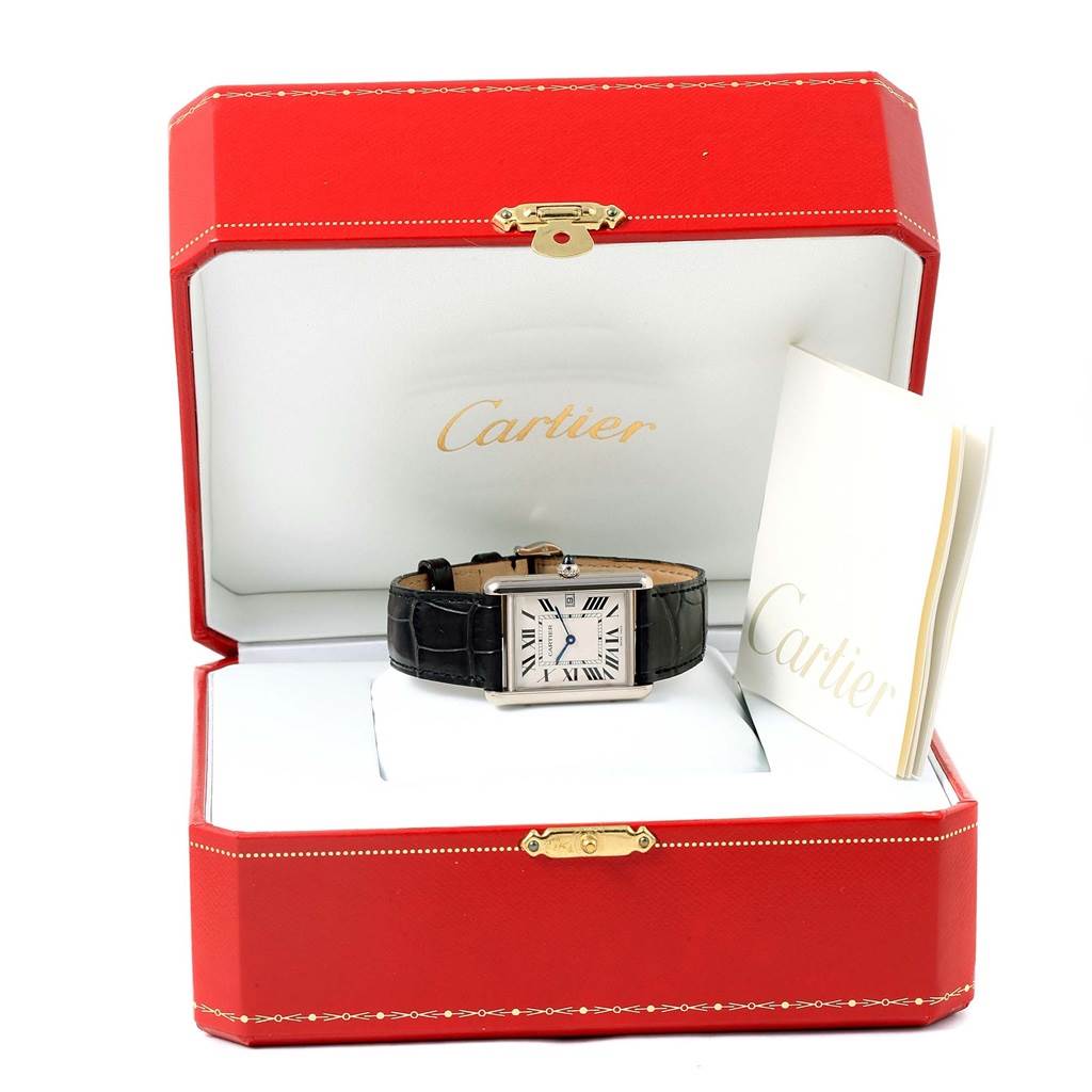 The Cartier Tank Louis W1540956 White Gold Silver Dial W1540956 White Gold Silver Dial watch is shown front-facing, inside a red Cartier box with accompanying booklets.