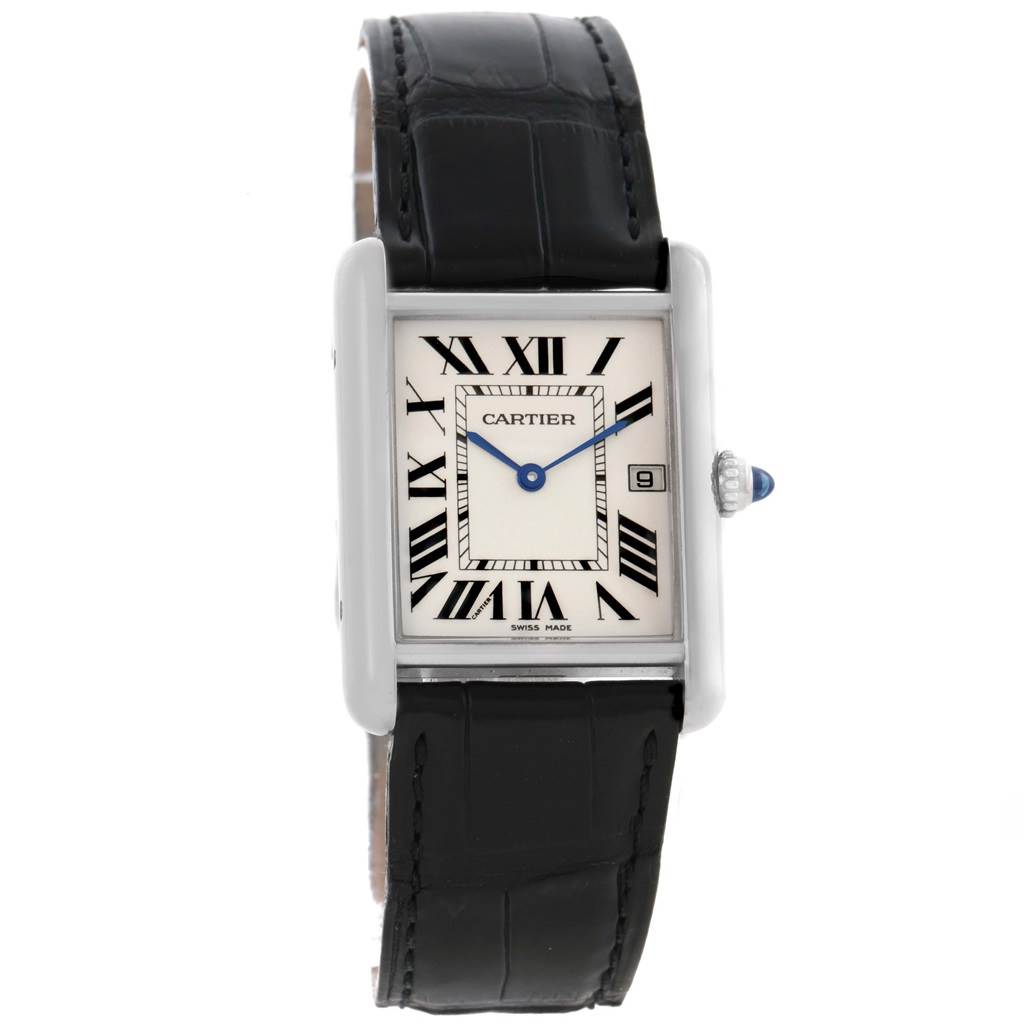 This image shows a front view of a Cartier Tank Louis W1540956 White Gold Silver Dial W1540956 White Gold Silver Dial watch, displaying the face, strap, and crown.