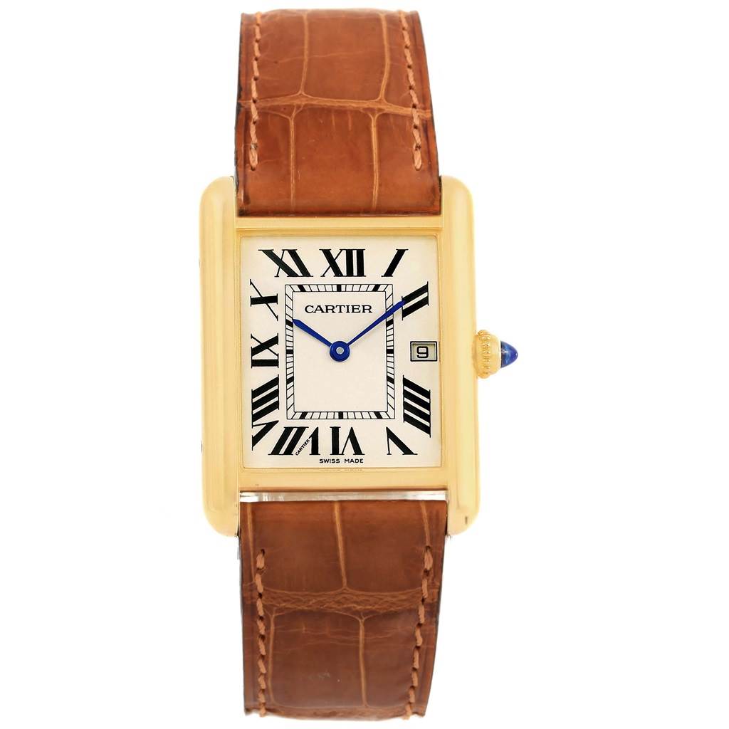 The image shows a Cartier Tank Louis W1529756 Yellow Gold Silver Dial W1529756 Yellow Gold Silver Dial watch from a front view, highlighting its rectangular face, Roman numerals, and brown leather strap.