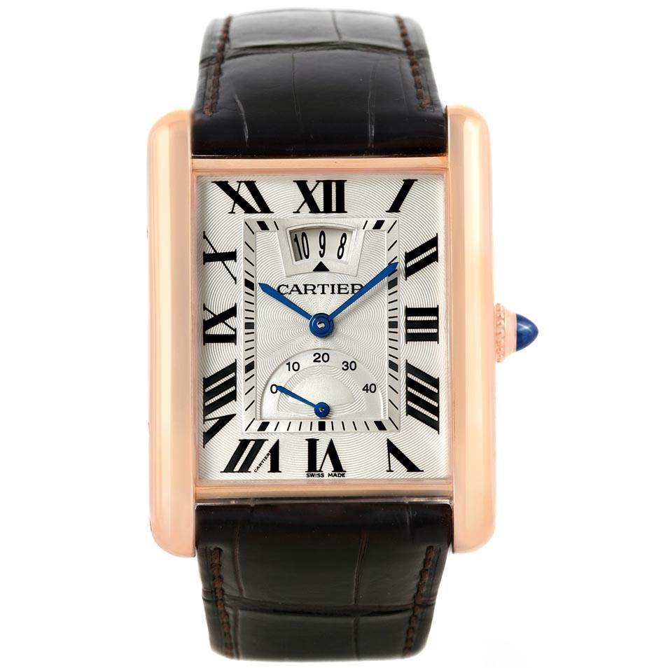 The Tank Louis Cartier model is shown from the front, displaying its rectangular dial, Roman numerals, and leather strap.