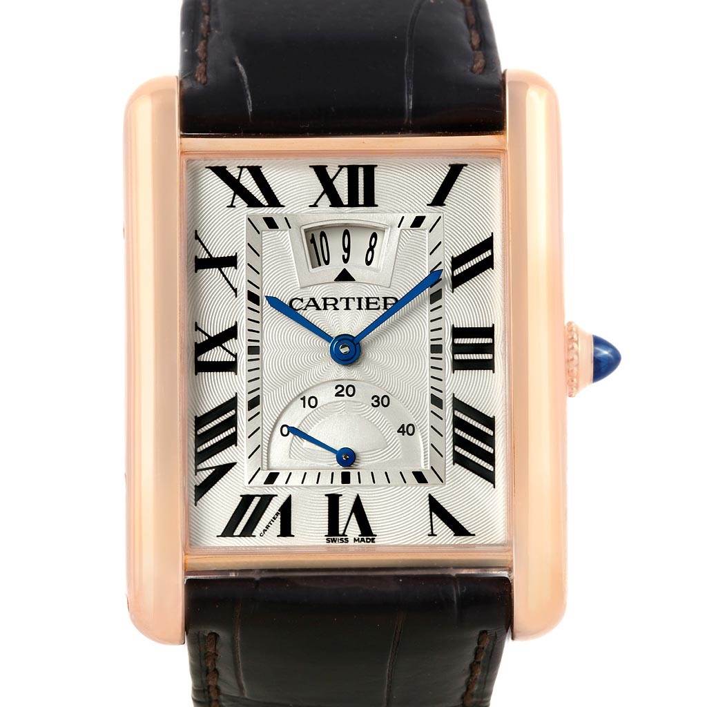 This image shows a front view of the Cartier Tank Louis W1560003 Men's Rose Gold Silver Dial W1560003 Men's Rose Gold Silver Dial watch, highlighting its rectangular dial, Roman numerals, and leather strap.