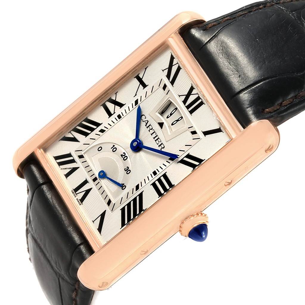 The image displays a Cartier Tank Louis W1560003 Men's Rose Gold Silver Dial W1560003 Men's Rose Gold Silver Dial model watch from an angled side view, showing the face, strap, and crown.