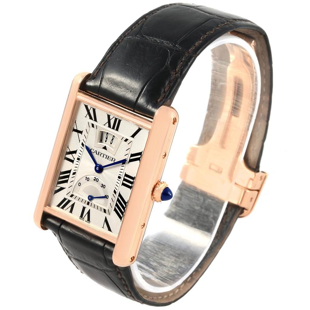 This image shows a Tank Louis Cartier watch at an angled view highlighting its rectangular face and black leather strap.
