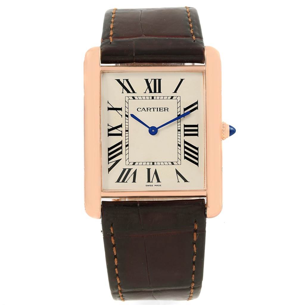The image shows a Cartier Tank Louis W1560017 Men's Rose Gold Silver Dial W1560017 Men's Rose Gold Silver Dial watch from a front angle, showcasing the dial, rectangular case, and leather strap.