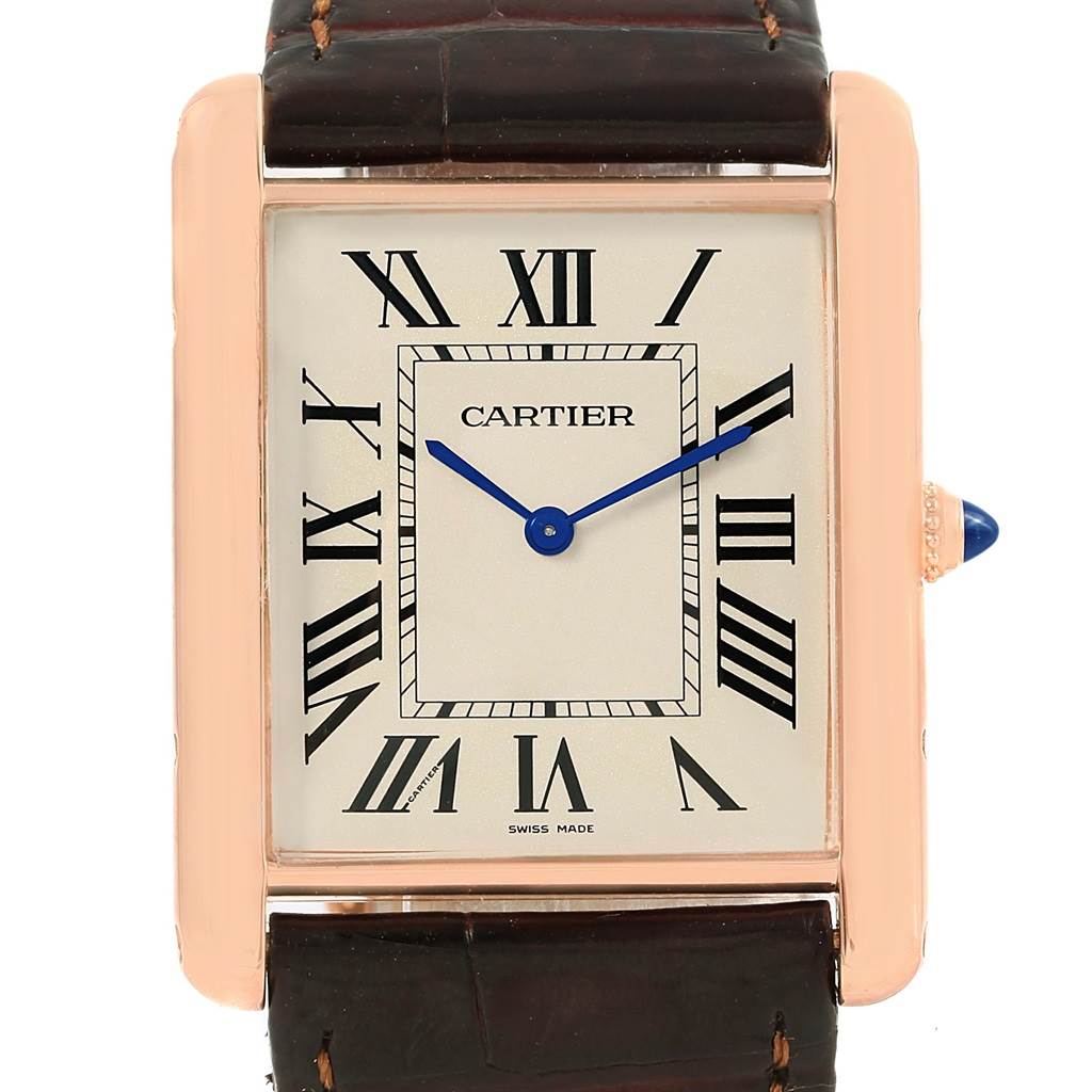 This image shows a front view of the Cartier Tank Louis W1560017 Men's Rose Gold Silver Dial W1560017 Men's Rose Gold Silver Dial watch, highlighting its rectangular dial, Roman numerals, and leather strap.