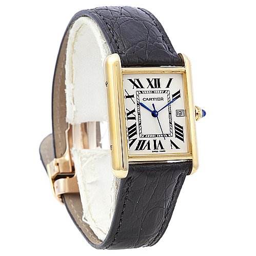 The image shows a Cartier Tank Louis W1529756 Yellow Gold White Dial W1529756 Yellow Gold White Dial watch at a slight front angle, highlighting the face, Roman numerals, and leather strap.