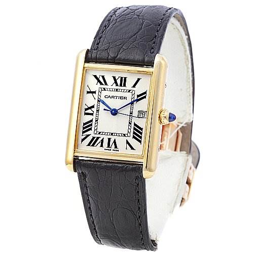 The image shows a Cartier Tank Louis W1529756 Yellow Gold White Dial W1529756 Yellow Gold White Dial model watch from a front angle, highlighting its rectangular dial, Roman numerals, and leather strap.