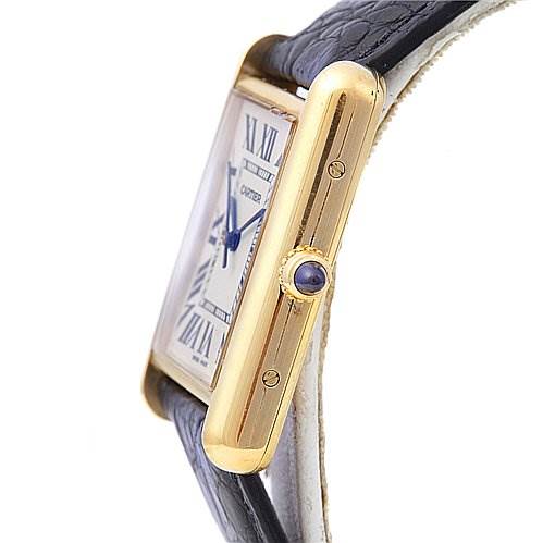 Side view of the Cartier Tank Louis W1529756 Yellow Gold White Dial W1529756 Yellow Gold White Dial watch, showing the gold case, sapphire crown, and part of the leather strap.