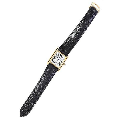 This image shows a fully extended Cartier Tank Louis W1529756 Yellow Gold White Dial W1529756 Yellow Gold White Dial watch, featuring its square face, leather strap, and gold casing.