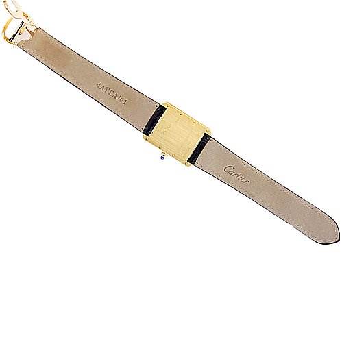 The Cartier Tank Louis W1529756 Yellow Gold White Dial W1529756 Yellow Gold White Dial watch is shown from the back, displaying the leather strap and the rectangular gold case.
