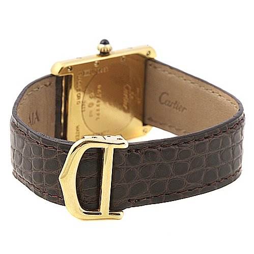 The image shows the back of a Cartier Tank Louis Yellow Gold White Dial Yellow Gold White Dial watch, highlighting the gold case, brown leather strap, and the clasp.