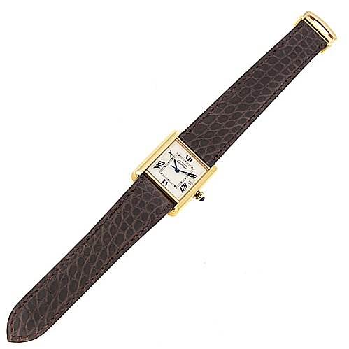 The Cartier Tank Louis Yellow Gold White Dial Yellow Gold White Dial model watch is shown at an overhead angle, displaying its rectangular face, gold case, and brown leather strap.