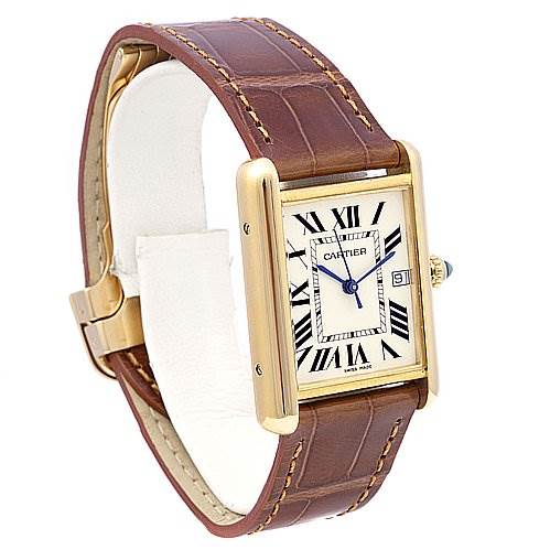 The image shows the Tank Louis model by Cartier from an angled side view, displaying its face, strap, and buckle.