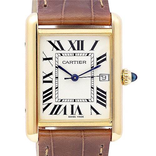 This Cartier Tank Louis W1529756 Yellow Gold White Dial W1529756 Yellow Gold White Dial model watch is shown from the front, displaying its rectangular face, Roman numerals, and leather strap.