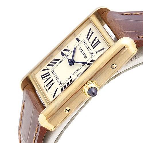This is a side-angle view of the Cartier Tank Louis W1529756 Yellow Gold White Dial W1529756 Yellow Gold White Dial watch, showing the dial, case, crown, and part of the leather strap.