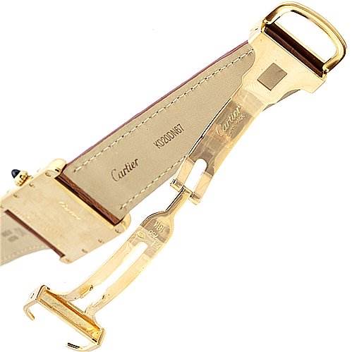 The image shows the underside of the clasp and leather strap of a Cartier Tank Louis W1529756 Yellow Gold White Dial W1529756 Yellow Gold White Dial watch.