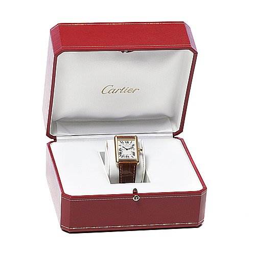 The Cartier Tank Louis W1529756 Yellow Gold White Dial W1529756 Yellow Gold White Dial watch is displayed in an open red and white Cartier box, viewed from the front.