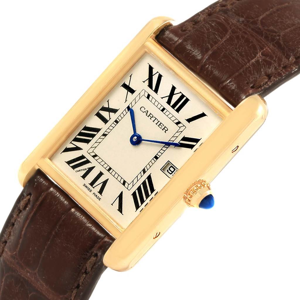The image shows the face and strap of a Cartier Tank Louis W1529756 Men
s Yellow Gold Silver Dial W1529756 Men
s Yellow Gold Silver Dial model watch at a slight angle.