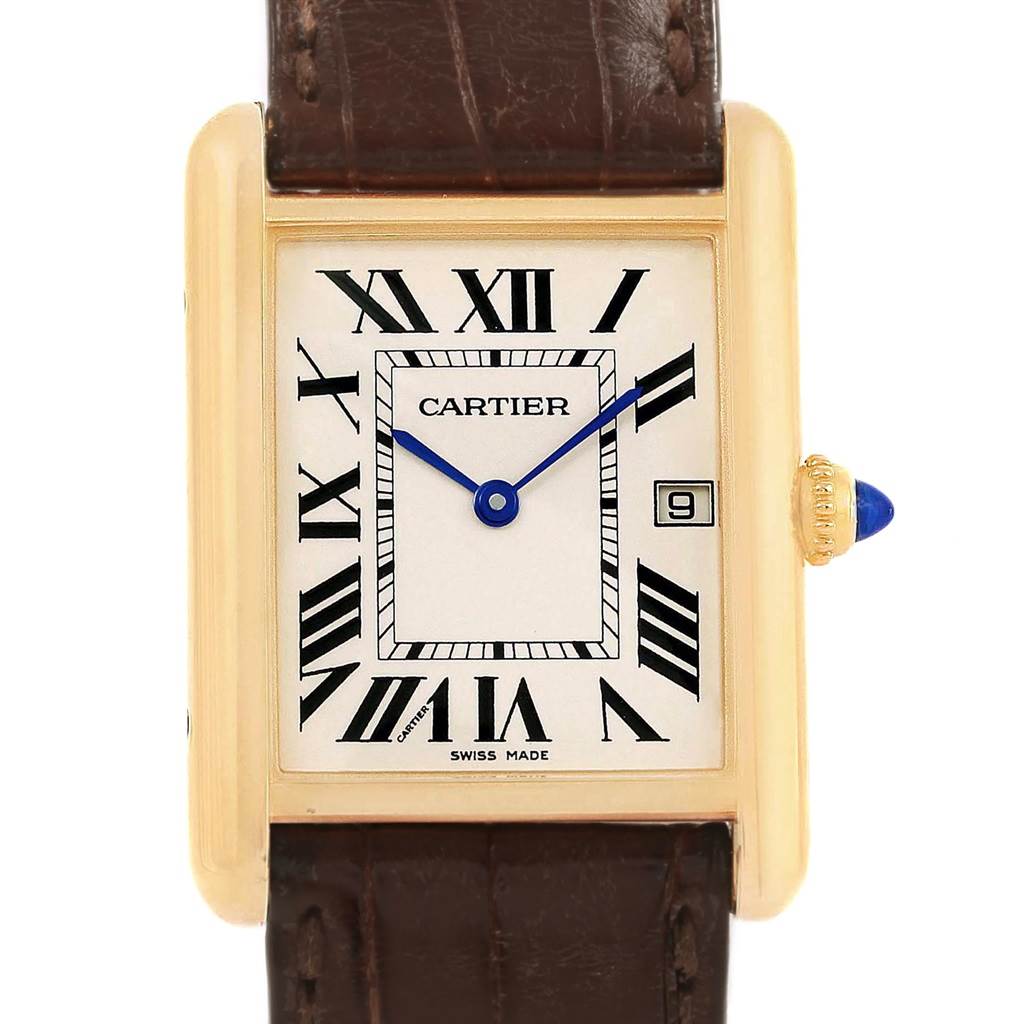 The image shows a frontal view of the Cartier Tank Louis W1529756 Men
s Yellow Gold Silver Dial W1529756 Men
s Yellow Gold Silver Dial model, highlighting its dial, hour markers, and gold case with a brown leather strap.